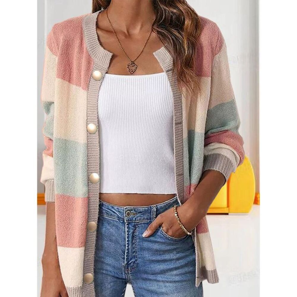 Everyday the Label Color Block Button-Up Knit Cardigan Women Dusty Pink - Picture 1 of 3